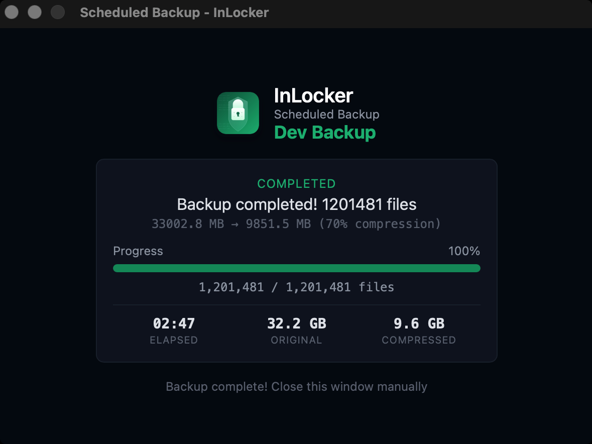InLocker backup completed showing 70% compression ratio