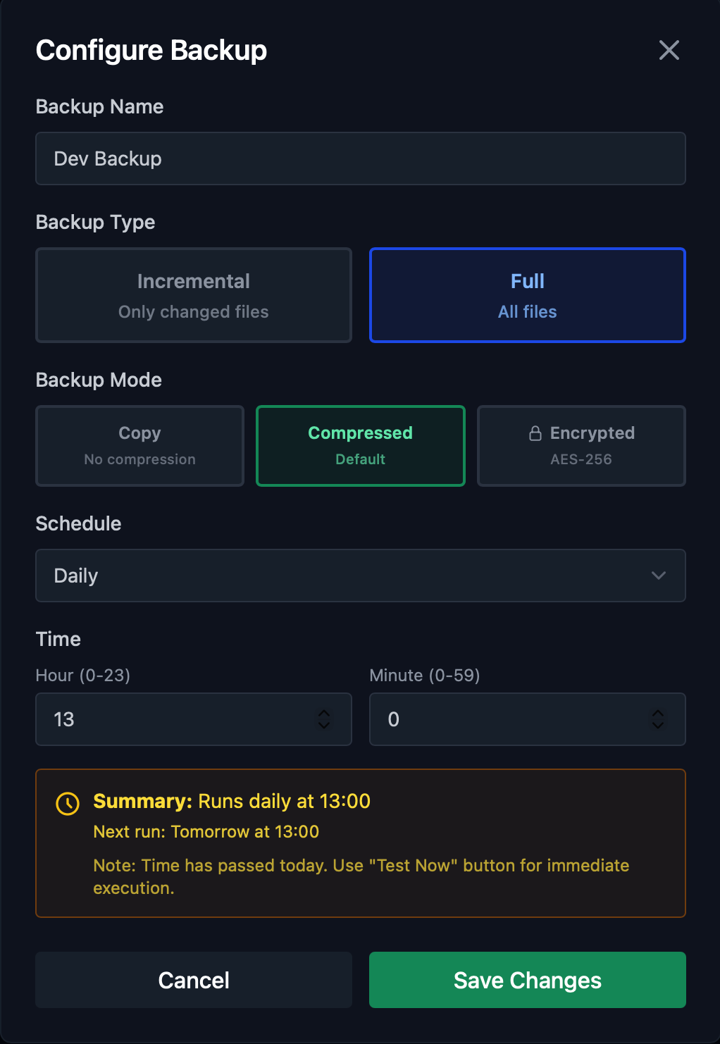 InLocker backup configuration showing modes, schedule and options