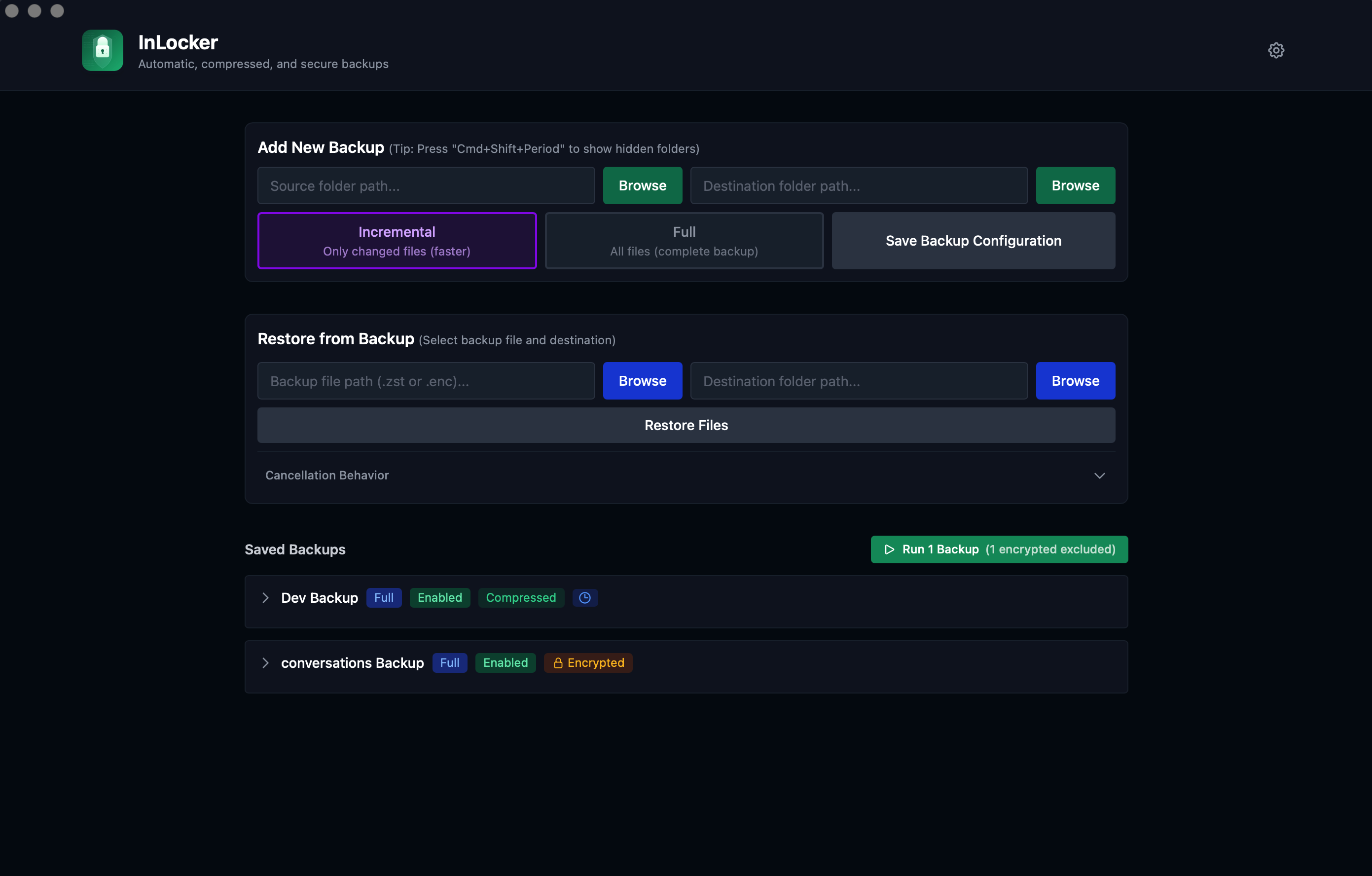 InLocker main interface showing backup configuration