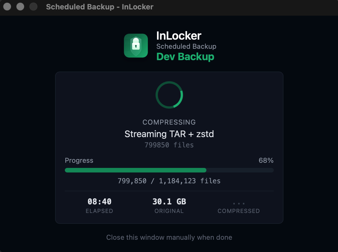 InLocker backup in progress showing 1.1M files